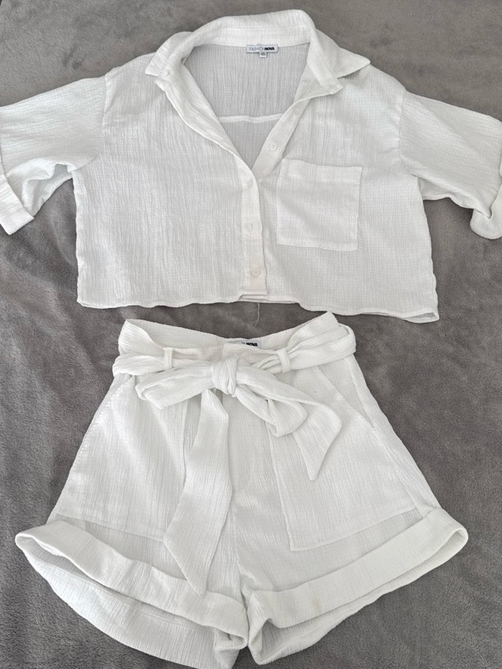 Fashion Nova White Two-Piece Crop Shirt & Tie-Waist Shorts Set